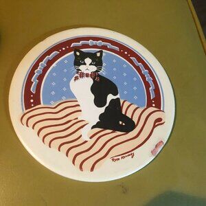 Vintage Cat Tile Trivet Hot Plate Signed Rose Kennedy Round 6" diameter